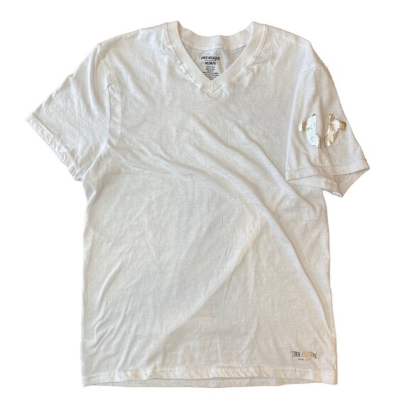 TRUE RELIGION T-shirt Short Sleeve V-neck Sz Med White Silver Logo NWOT - Picture 2 of 5